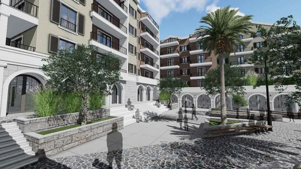 3D prikaz dvorišta i fasade stambenog kompleksa sa palmom i popločanim platoom.