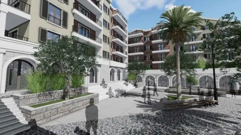 3D prikaz dvorišta i fasade stambenog kompleksa sa palmom i popločanim platoom. - image 14