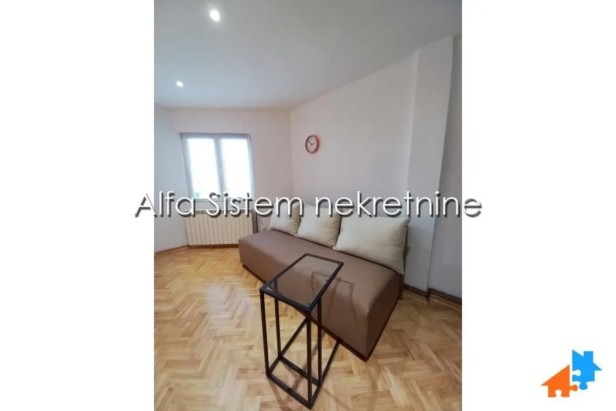 Living room with a sofa, a small table and parquet flooring.