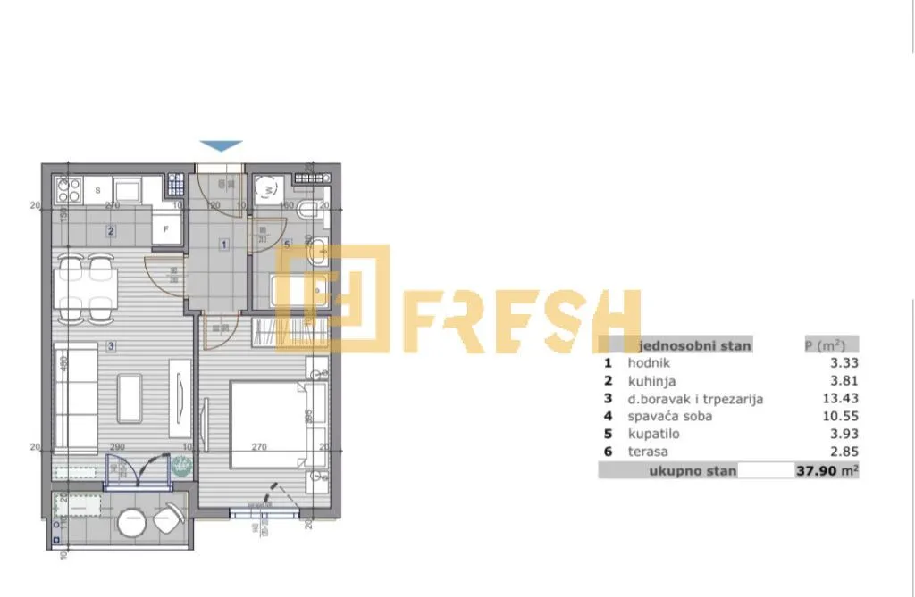 Prodaja, jednosoban stan, 37m², Stari Aerodrom, Podgorica