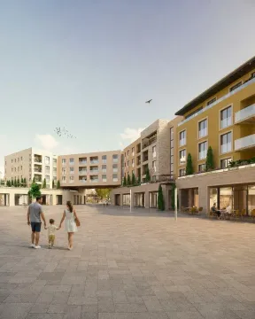 Spoljašnji izgled modernog stambenog kompleksa sa popločanim dvorištem i šetačima. - image 5