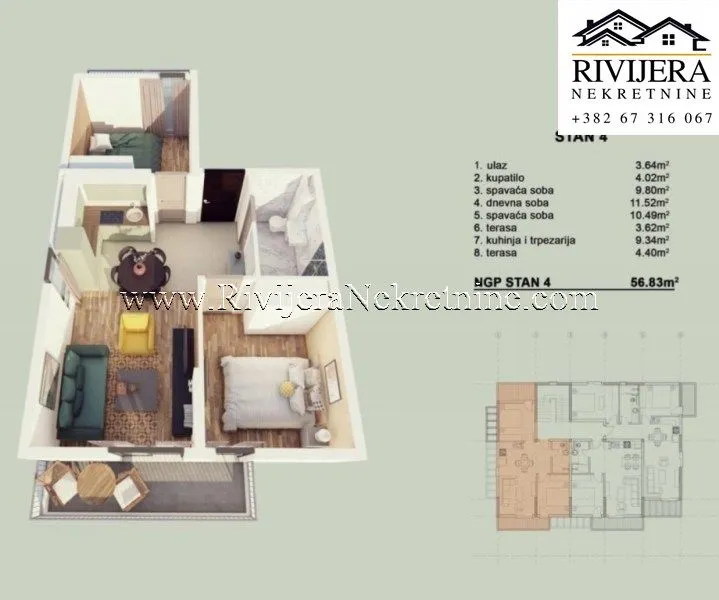 Prodaja, dvosoban stan, 57m², Orahovac, Kotor