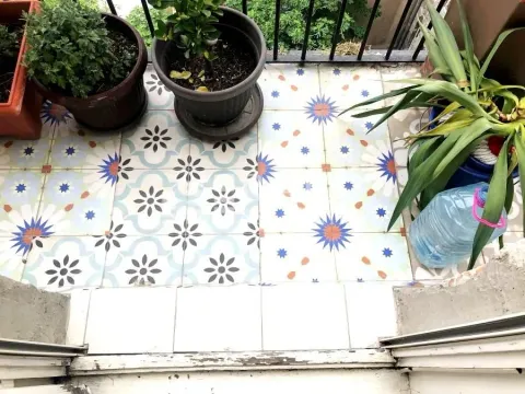 Small balcony with decorative tiles and potted plants. - image 14
