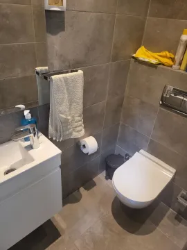 Bright bathroom with modern sanitary ware and grey tiles. - image 18