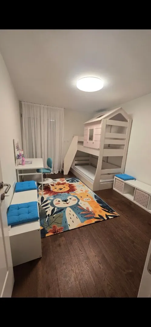 Children's bedroom with a bunk bed, desk, and colorful rug.