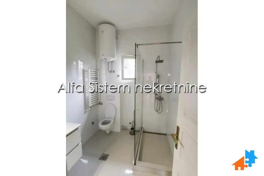 Modernly equipped bathroom with a walk-in shower and toilet.