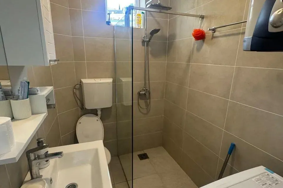 Small bathroom with a walk-in shower, washbasin, and toilet in beige tones.