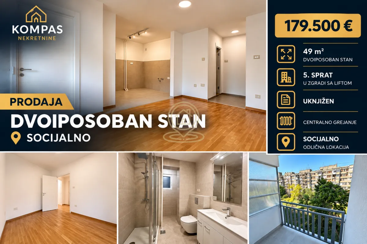 Kolaž fotografija enterijera i eksterijera stana.