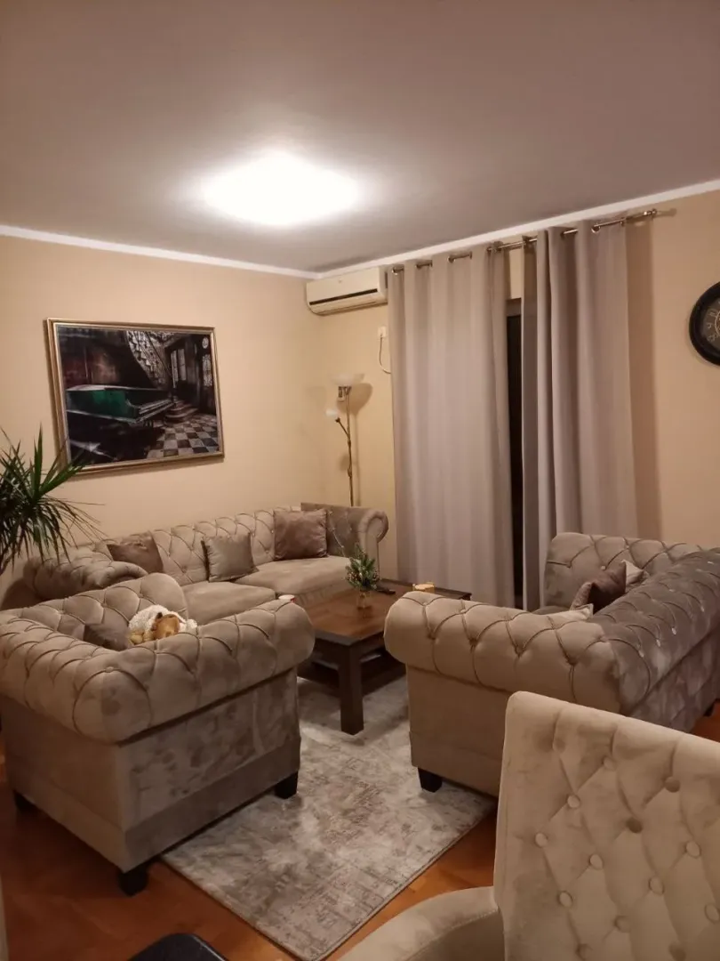 Comfortable and furnished living room with sofa set and rug.