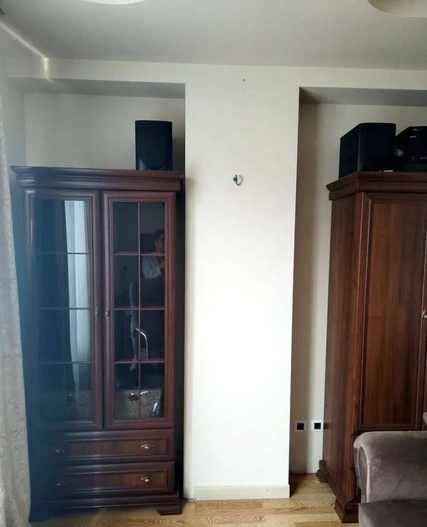 Living room with wooden wardrobes.