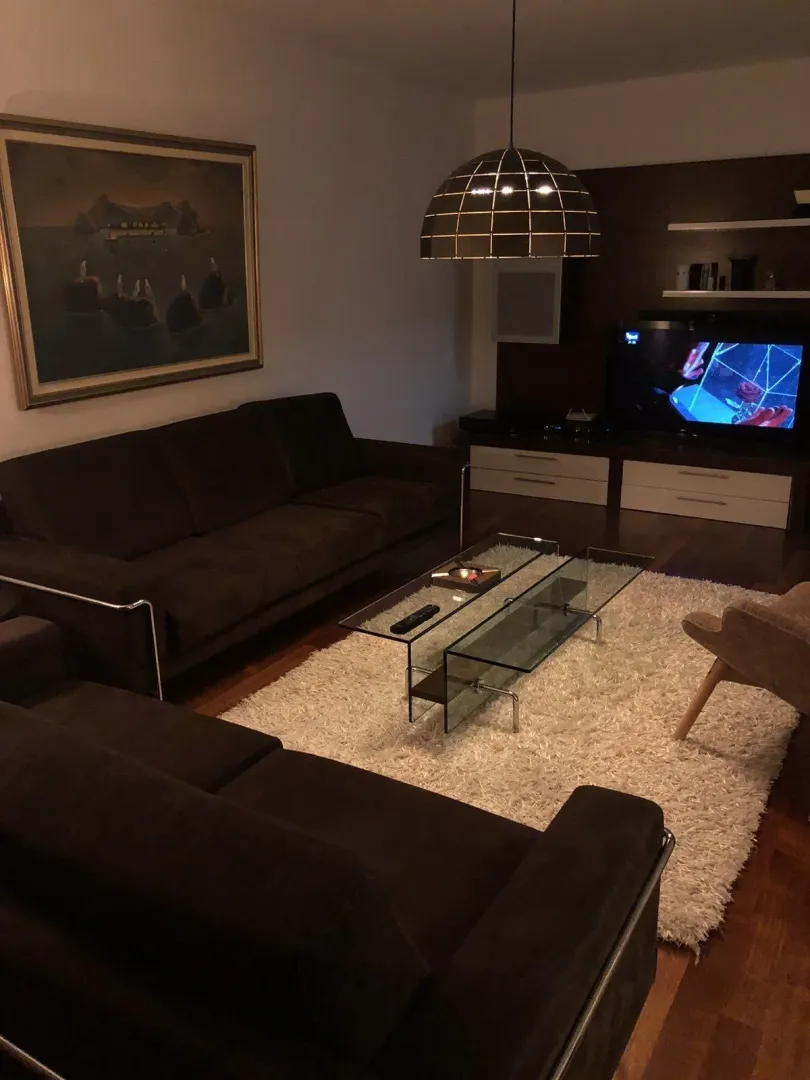 Dnevna soba sa tamnim garniturama, staklenim stolom i televizorom.
