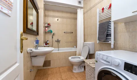 Bathroom equipped with a bathtub, sink, toilet, and washing machine. - image 9