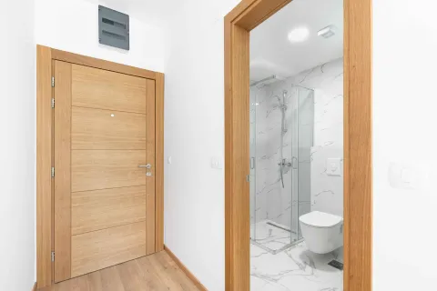 Pogled iz hodnika na moderno uređeno kupatilo sa tuš kabinom. - image 8