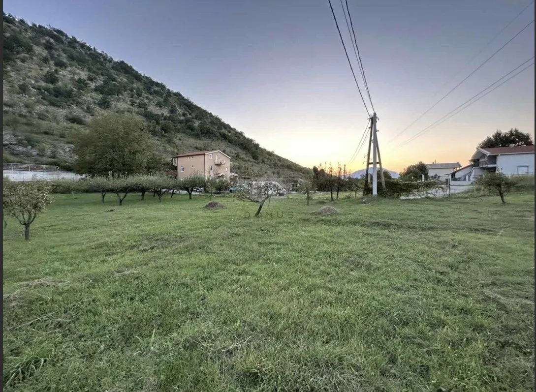 Prostrani plac sa voćnjakom i kućama u pozadini.