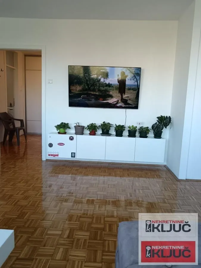 Pogled na dnevnu sobu sa televizorom i parketom na podu.