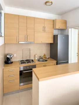 Kitchen with light wood cabinetry, built-in oven, and refrigerator. - image 8