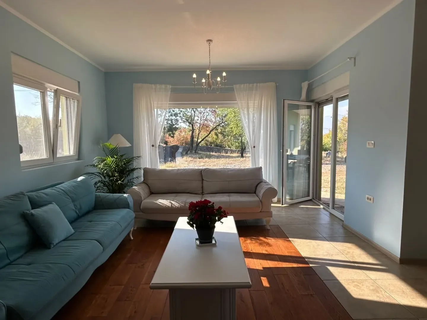 Bright living room with a sofa and access to the yard.