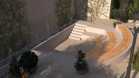 Uređeno dvorište sa popločanim platoom, kružnim drvenim klupama i vodenim elementom. - image 16