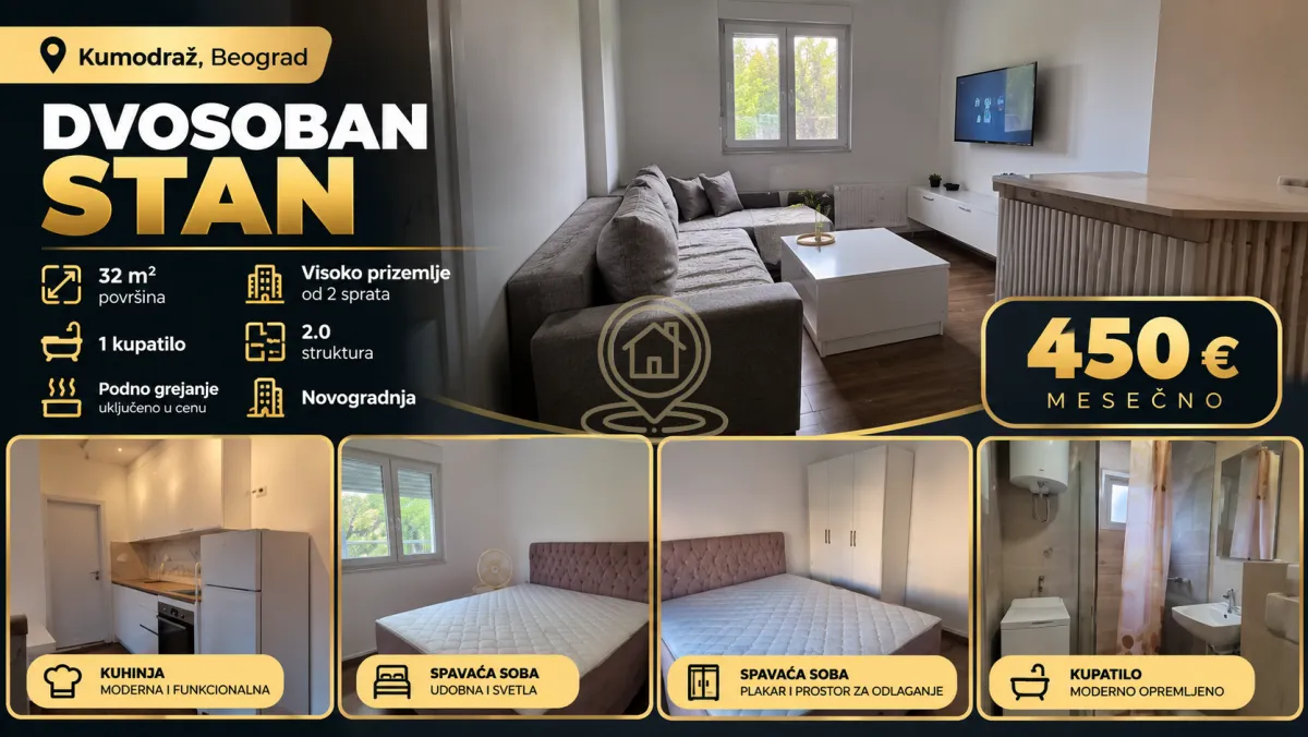 Dnevna soba opremljena ugaonom garniturom, stočićem i televizorom.