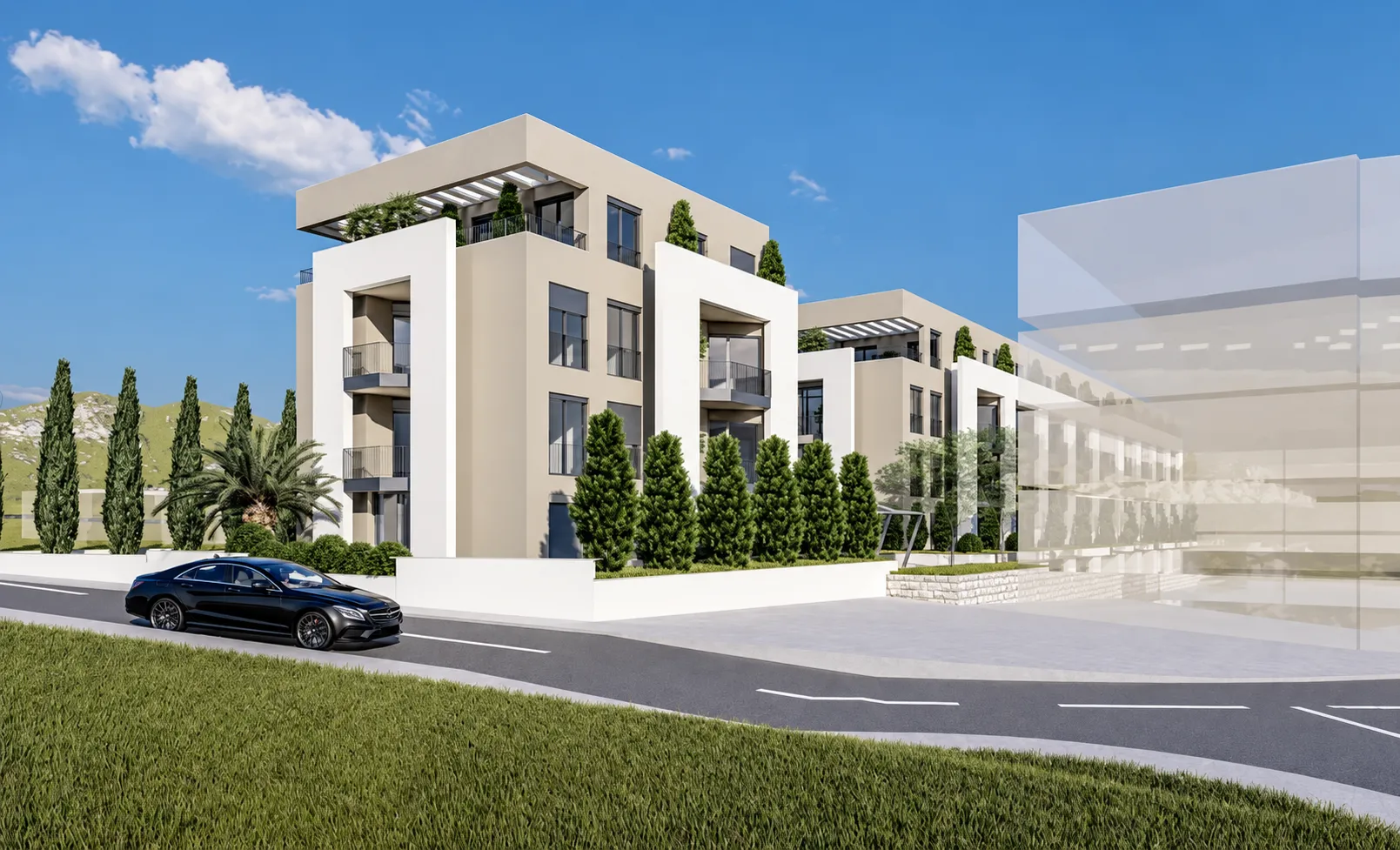 Spoljašnji izgled moderne stambene zgrade sa uređenim dvorištem i putem u prvom planu.