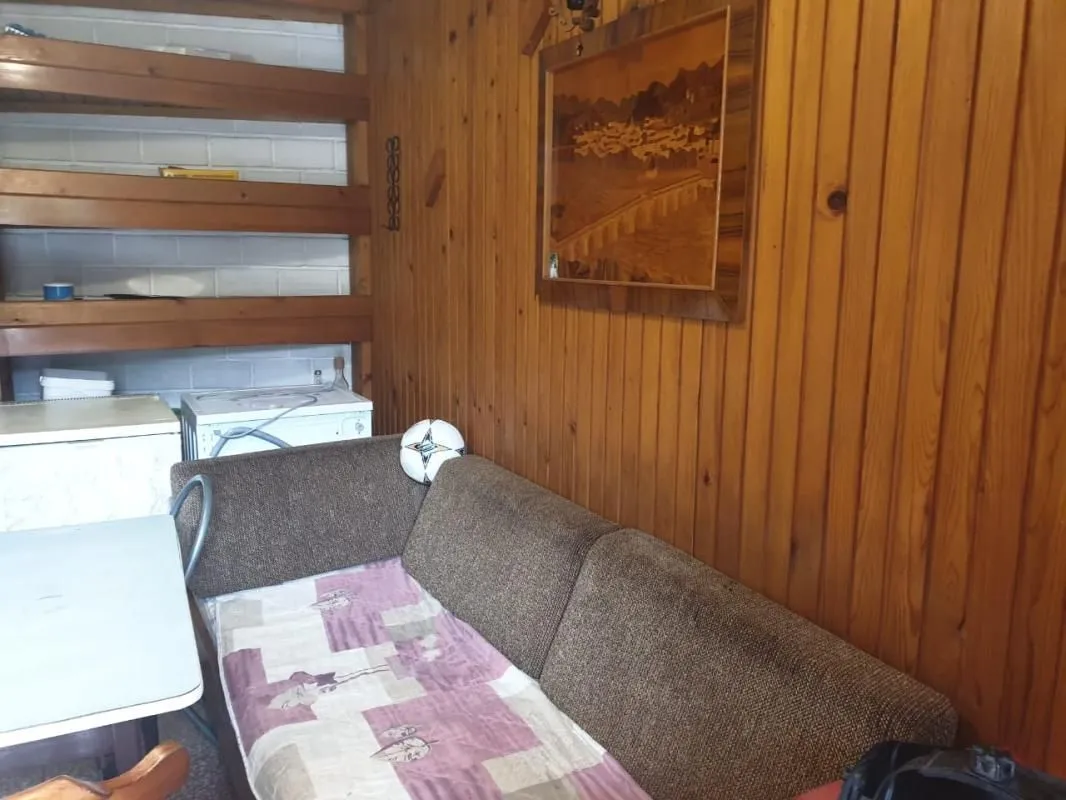 Dnevni boravak sa drvenom oblogom na zidu i kaučom.