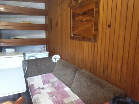 Dnevni boravak sa drvenom oblogom na zidu i kaučom. - image 9