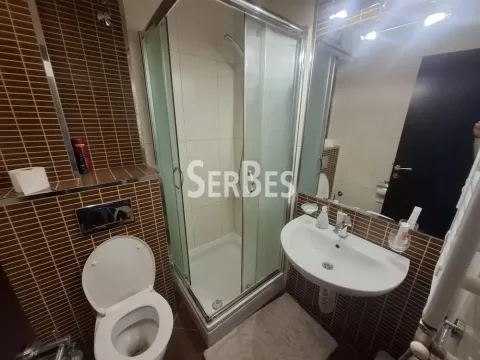 Bathroom with a shower cabin, washbasin, and toilet. - image 20