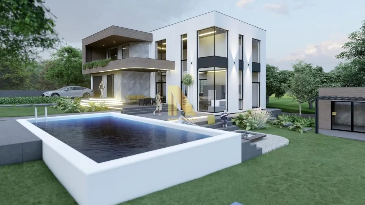Render moderne dvospratne kuće sa bazenom i uređenim dvorištem.