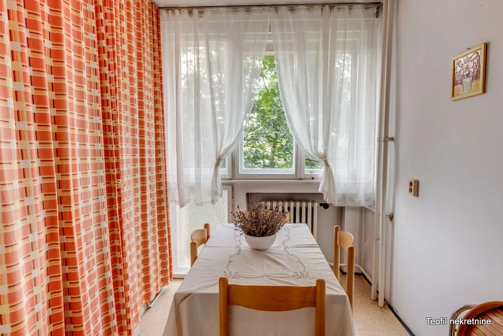 Dining area with a table, chairs, and a window in the background.