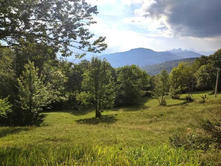 Pogled na zeleni pejzaž i planine u daljini.
