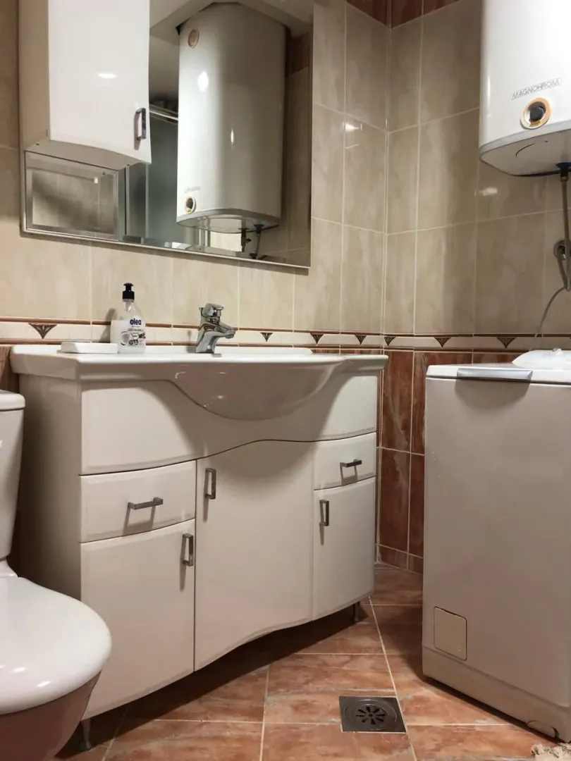 Bathroom equipped with a vanity unit with sink, mirror, toilet, and washing machine.