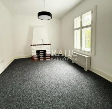Empty room with a fireplace and dark carpet. - image 11
