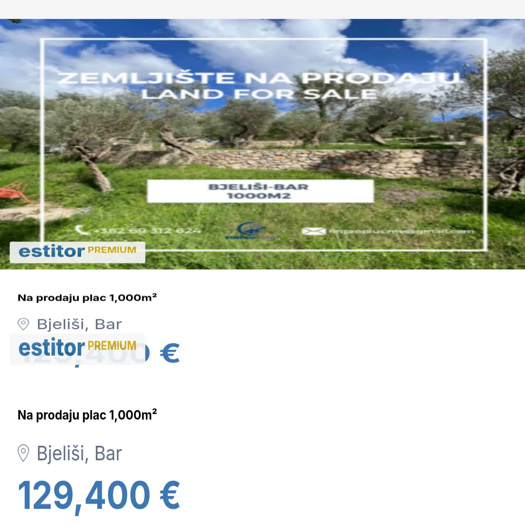 Sale, land lot, 1000m², Bjeliši, Bar
