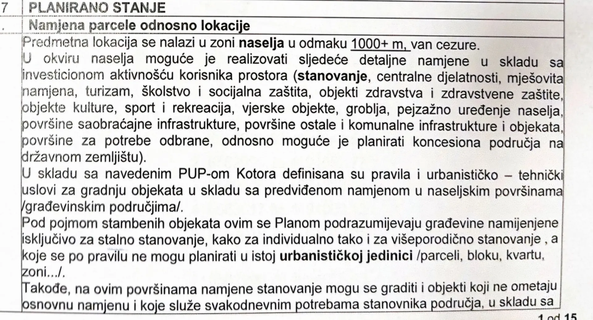 Tekstualni dokument sa urbanističko-tehničkim uslovima i namjenom parcele.