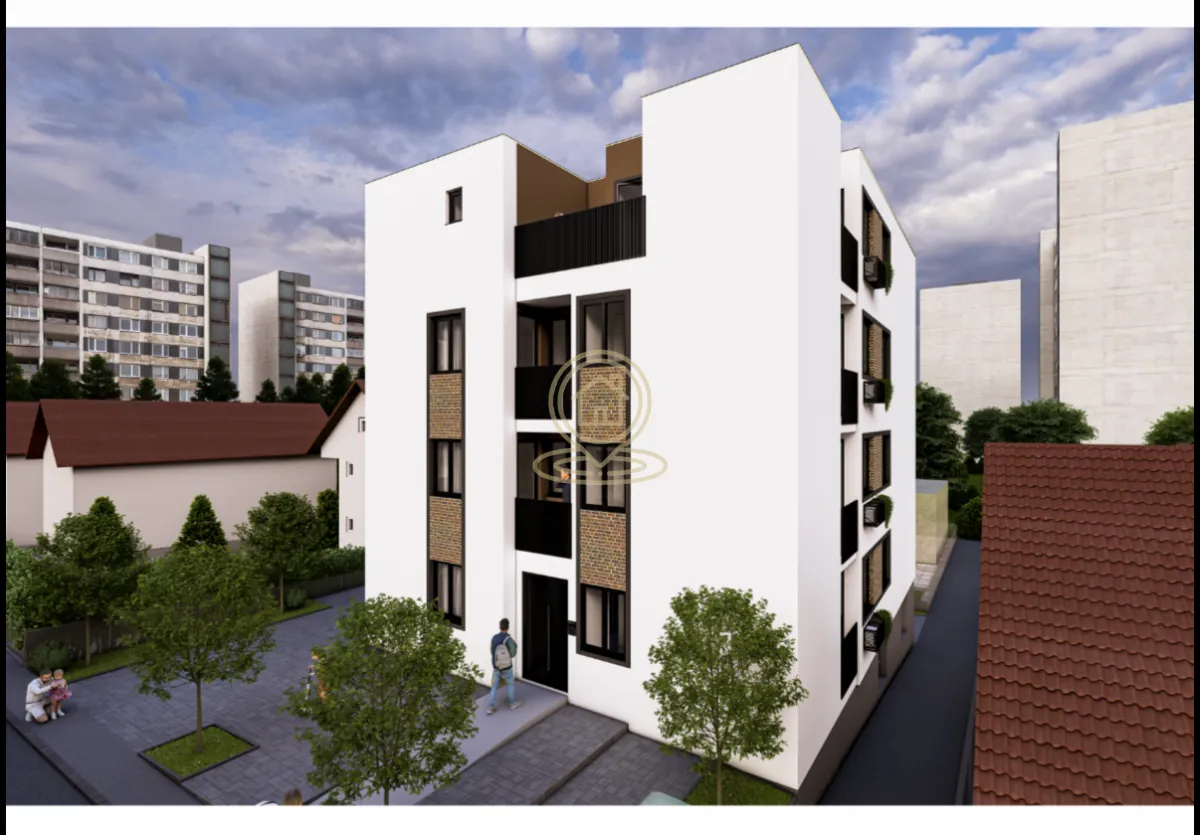 Spoljašnji izgled moderne stambene zgrade sa uređenim dvorištem.