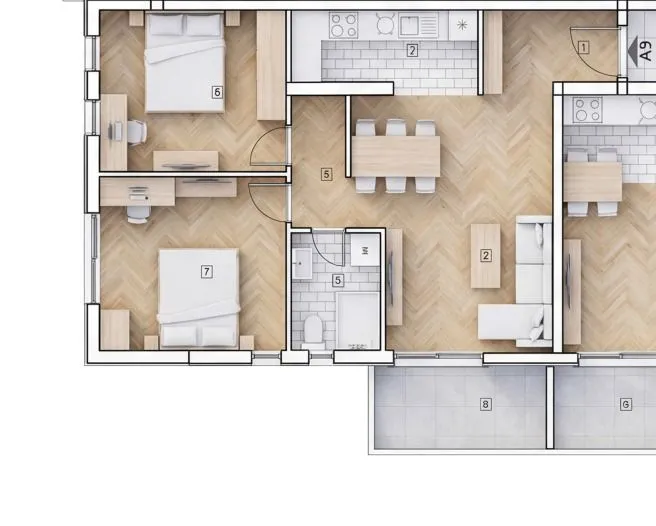 2D floor plan of the apartment showing room layout and furniture.