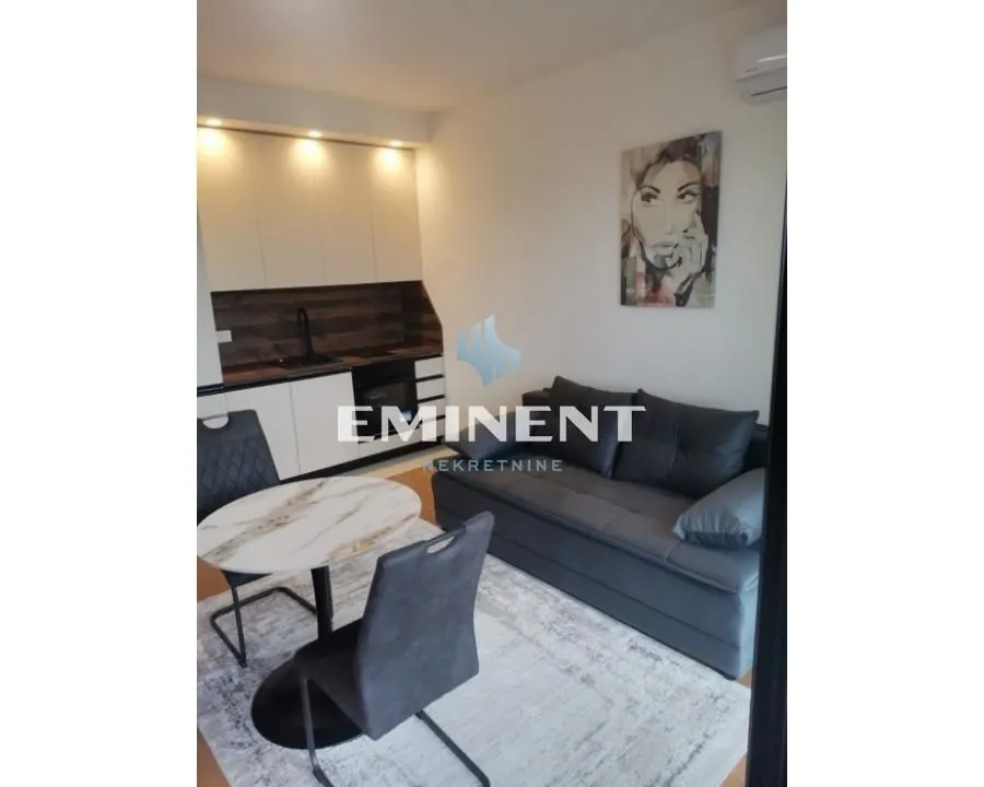 Living room with sofa, dining table and kitchen in the background.