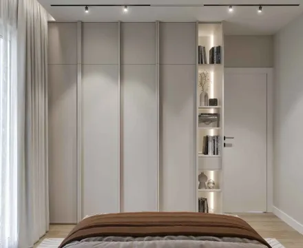 Moderna spavaća soba sa ugradnim ormarom i otvorenim policama. - image 8