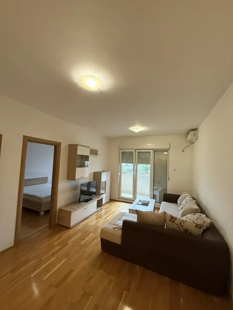 Furnished living room with a sofa, TV unit, and balcony access.