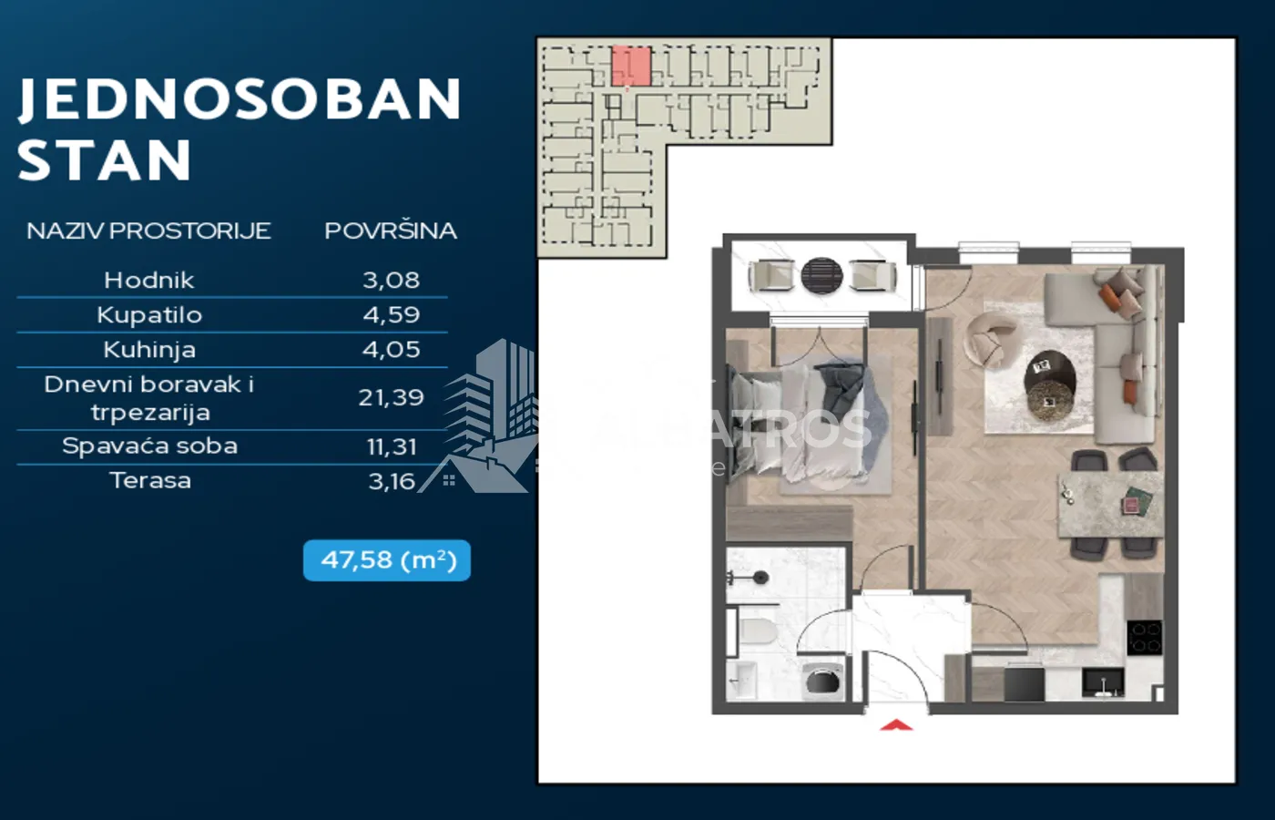 Osnova jednosobnog stana sa rasporedom prostorija i površinama.