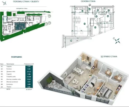 Arhitektonski plan stana sa prikazom rasporeda prostorija, nameštaja i površina. - image 2