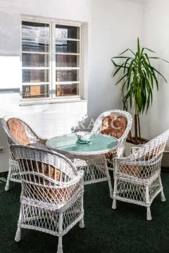 Covered terrace with wicker seating furniture and a decorative plant. - image 12