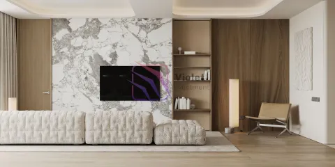 Moderna dnevna soba sa udobnom garniturom, televizorom na zidu i policama. - image 7