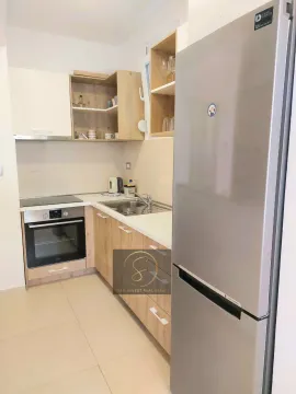 Small modern kitchen with wood-tone and white cabinetry. - image 12