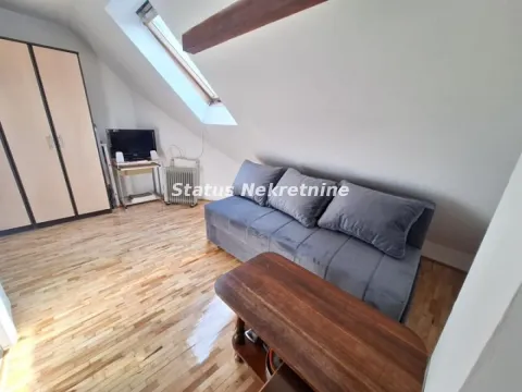 Smaller living room with a sofa, wooden table, wardrobe, and a skylight. - image 7
