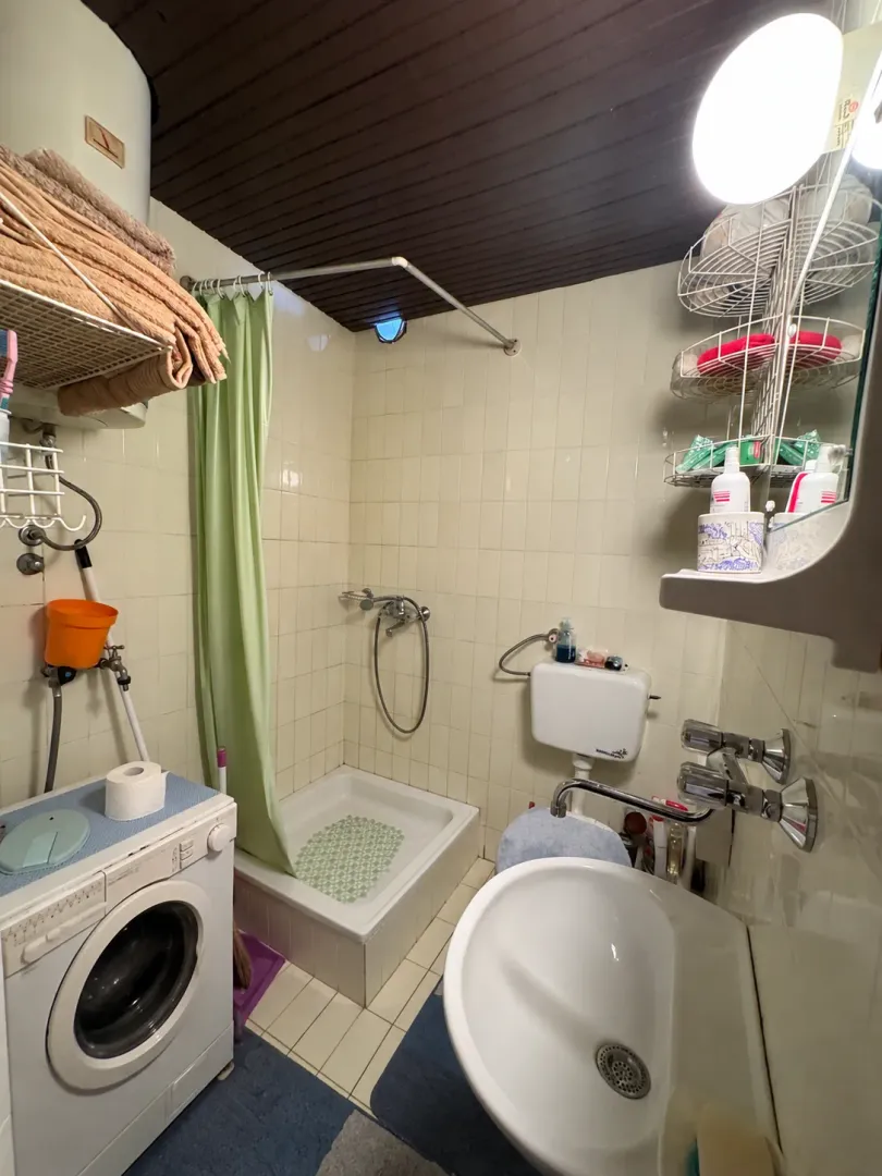 Smaller bathroom with a shower cabin, washbasin, and washing machine.