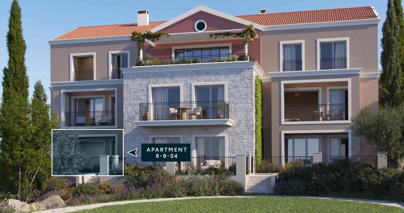 Bright facade of a modern residential building with spacious terraces.
