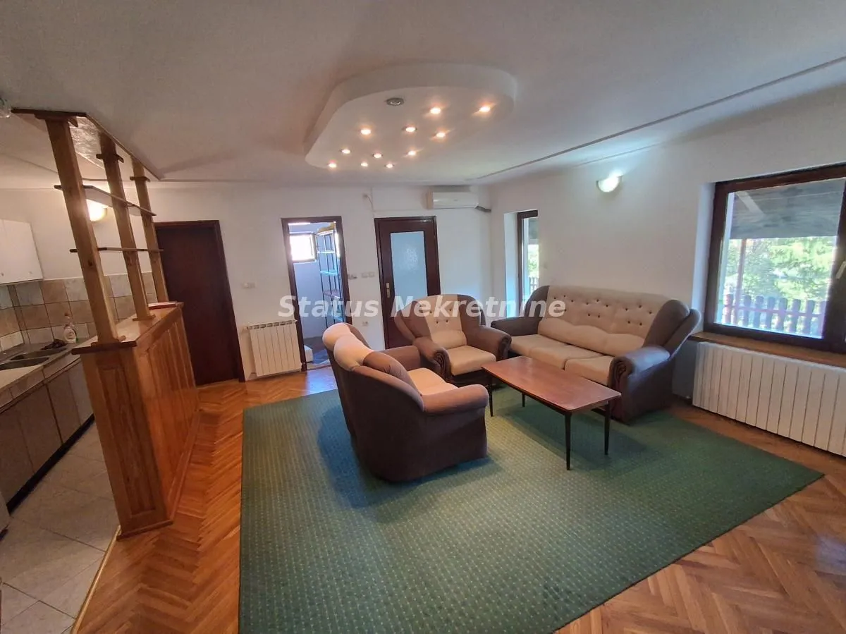 Living room with seating furniture and an adjoining kitchen area.