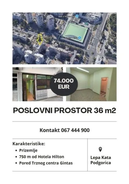 Prodaja, poslovni prostor, 36m², Lepa Kata, Podgorica