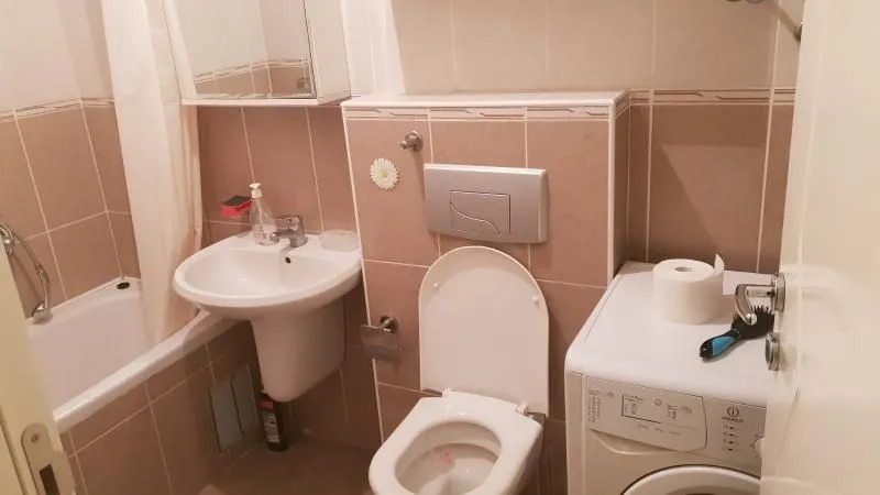 Kupatilo opremljeno sanitarijama, kadom i veš mašinom.